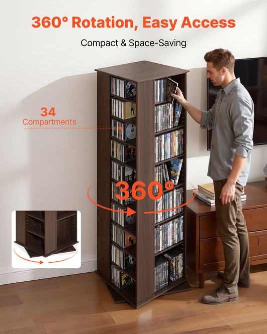 Media Storage Cabinet, CD Rack Tower, 34 Compartments Rotating Media Tower Rack for CDs, DVDs, Books and Game Discs, DVD Stand for Living Room, Home Office and Recording Room, Brown