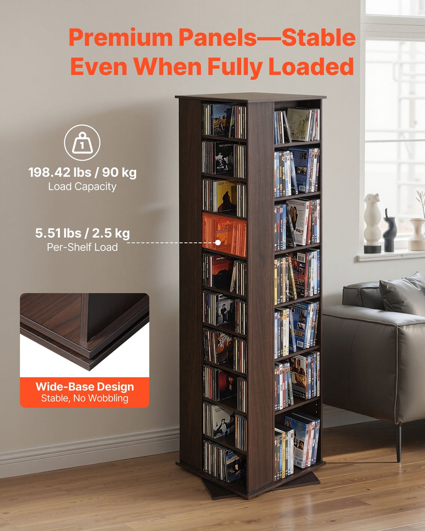 Media Storage Cabinet, CD Rack Tower, 34 Compartments Rotating Media Tower Rack for CDs, DVDs, Books and Game Discs, DVD Stand for Living Room, Home Office and Recording Room, Brown