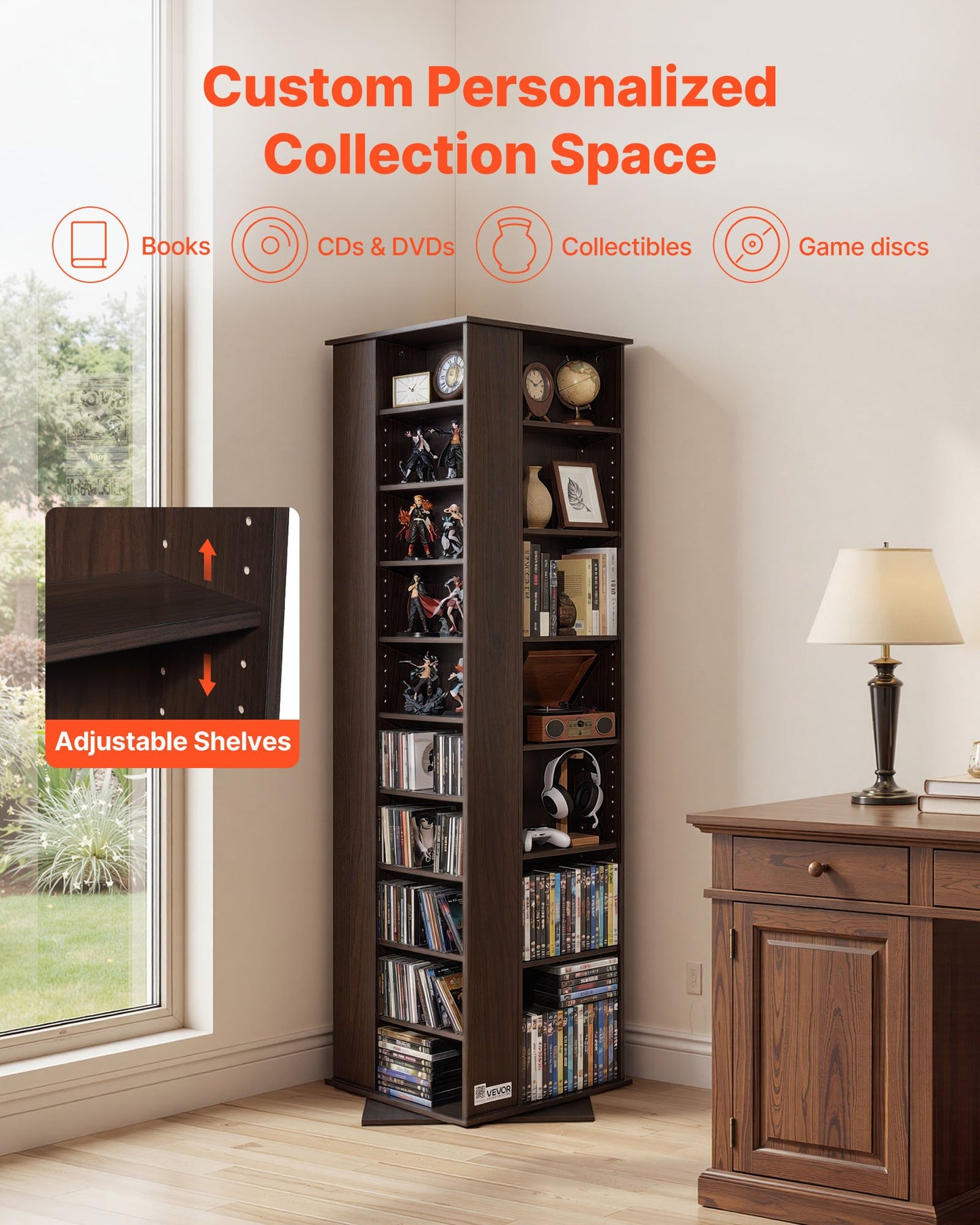 Media Storage Cabinet, CD Rack Tower, 34 Compartments Rotating Media Tower Rack for CDs, DVDs, Books and Game Discs, DVD Stand for Living Room, Home Office and Recording Room, Brown