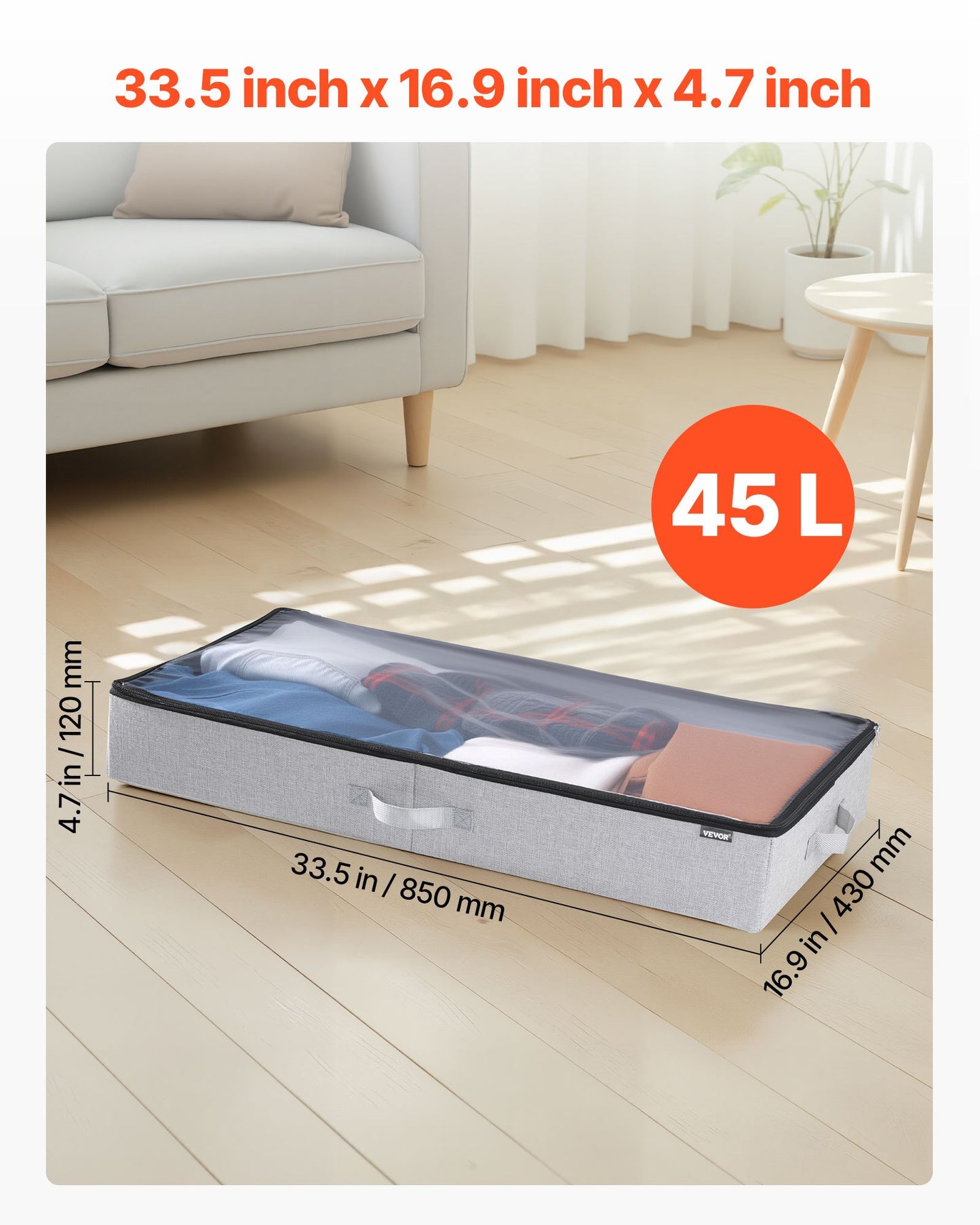 Under Bed Storage with Clear Lids, 850 x 430 x 120 mm, 45L Large Underbed Clothes Storage Containers, Low Profile Under Bed Drawer Shoe Organizer Bins Box for Blanket Shoe Bedroom, 2 Pack