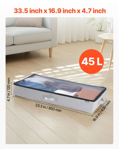 Under Bed Storage with Clear Lids, 850 x 430 x 120 mm, 45L Large Underbed Clothes Storage Containers, Low Profile Under Bed Drawer Shoe Organizer Bins Box for Blanket Shoe Bedroom, 2 Pack