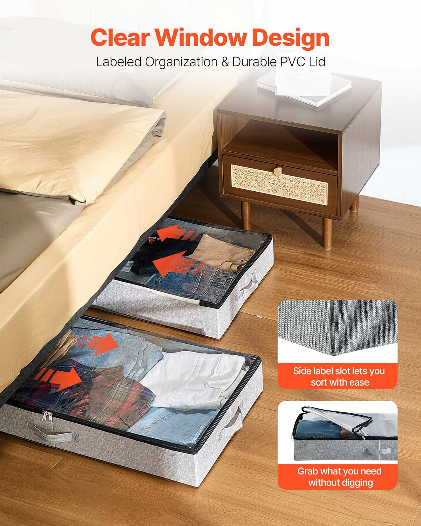 Under Bed Storage with Clear Lids, 850 x 430 x 120 mm, 45L Large Underbed Clothes Storage Containers, Low Profile Under Bed Drawer Shoe Organizer Bins Box for Blanket Shoe Bedroom, 2 Pack