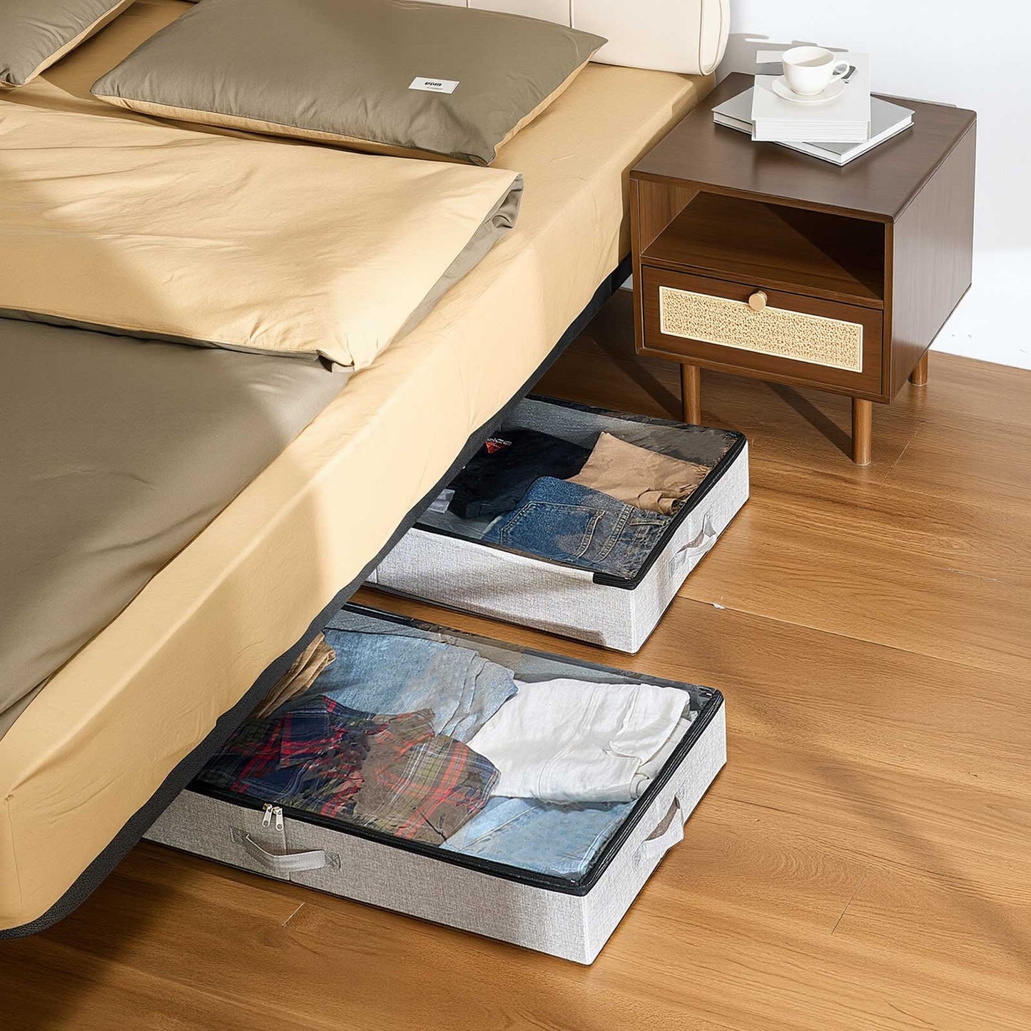 Under Bed Storage with Clear Lids, 850 x 430 x 120 mm, 45L Large Underbed Clothes Storage Containers, Low Profile Under Bed Drawer Shoe Organizer Bins Box for Blanket Shoe Bedroom, 2 Pack