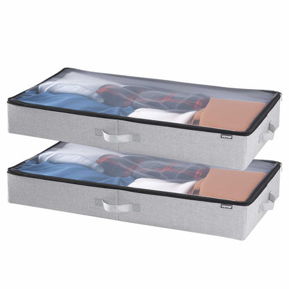 Under Bed Storage with Clear Lids, 850 x 430 x 120 mm, 45L Large Underbed Clothes Storage Containers, Low Profile Under Bed Drawer Shoe Organizer Bins Box for Blanket Shoe Bedroom, 2 Pack