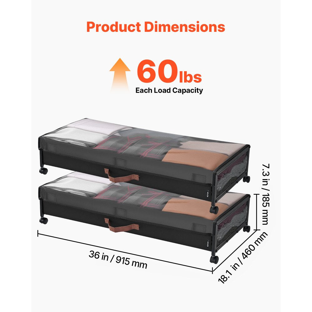 Under Bed Storage with Wheels 915x460x185 mm Rolling Storage Bags 2 Pack