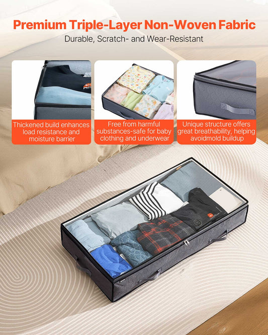 Under Bed Storage with Clear Lids, 996 x 500 x 180 mm, 90L Large Underbed Clothes Storage Containers, Low Profile Under Bed Drawer Shoe Organizer Bins Box for Blanket Shoe Bedroom, 4 Pack
