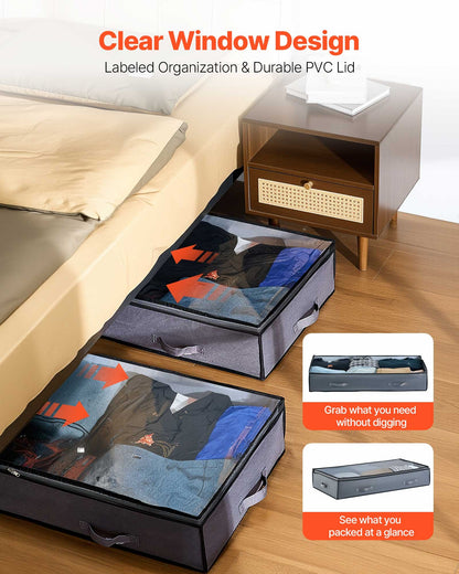 Under Bed Storage with Clear Lids, 996 x 500 x 180 mm, 90L Large Underbed Clothes Storage Containers, Low Profile Under Bed Drawer Shoe Organizer Bins Box for Blanket Shoe Bedroom, 6 Pack