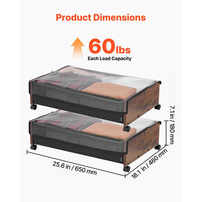 Under Bed Storage with Wheels 650x460x180 mm Rolling Storage Bags 2 Pack