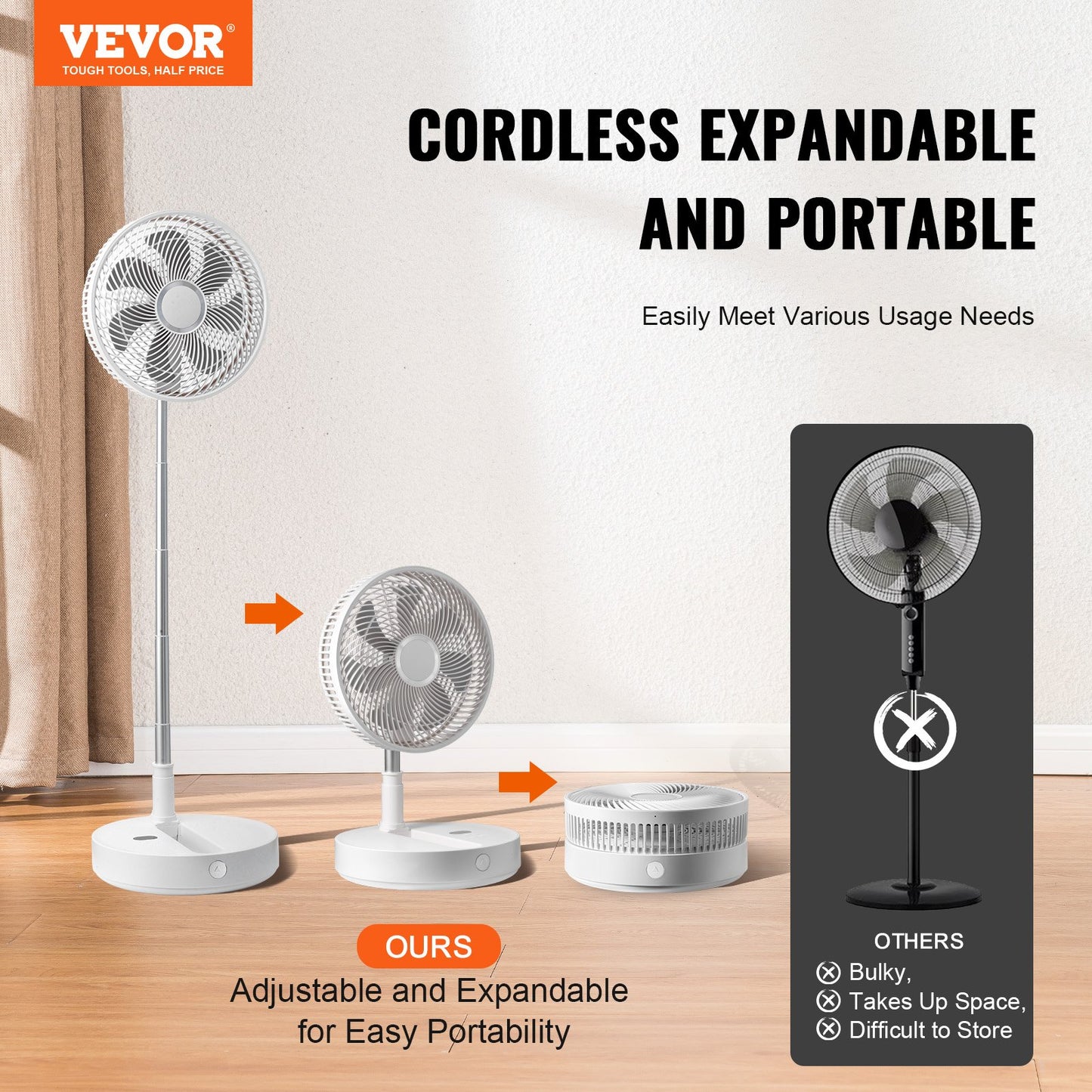 VEVOR 12 Inch Foldable Oscillating Standing Fan with Remote Control, 4 Speed Adjustable