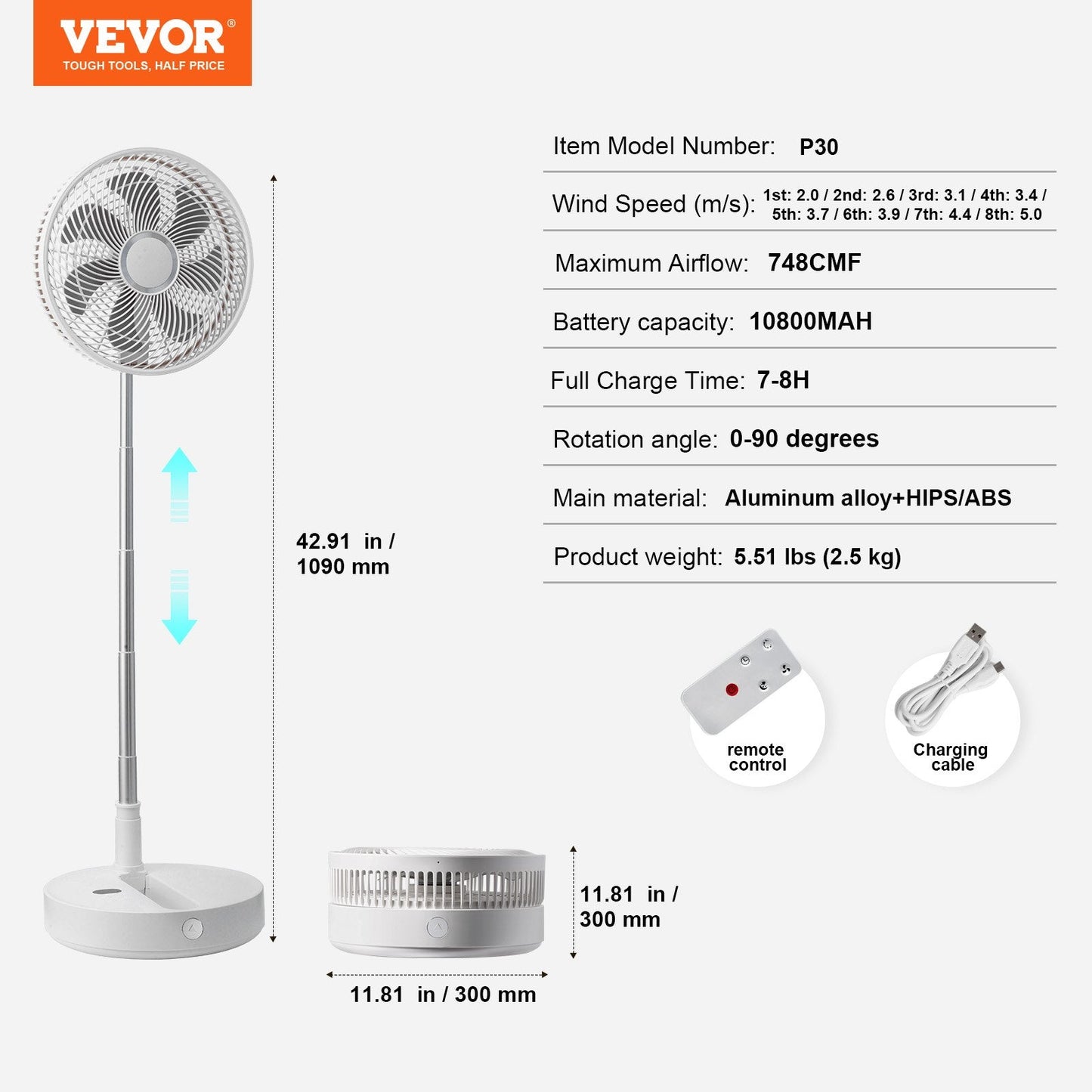 12" Foldable Oscillating Fan with Remote, 4-Speed, USB Rechargeable, 2.5 kg