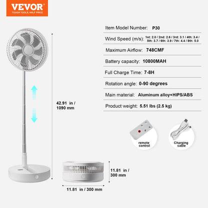 12" Foldable Oscillating Fan with Remote, 4-Speed, USB Rechargeable, 2.5 kg