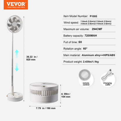 VEVOR 8 Inch Foldable Oscillating Standing Fan with Remote Control, 4 Speed Adjustable