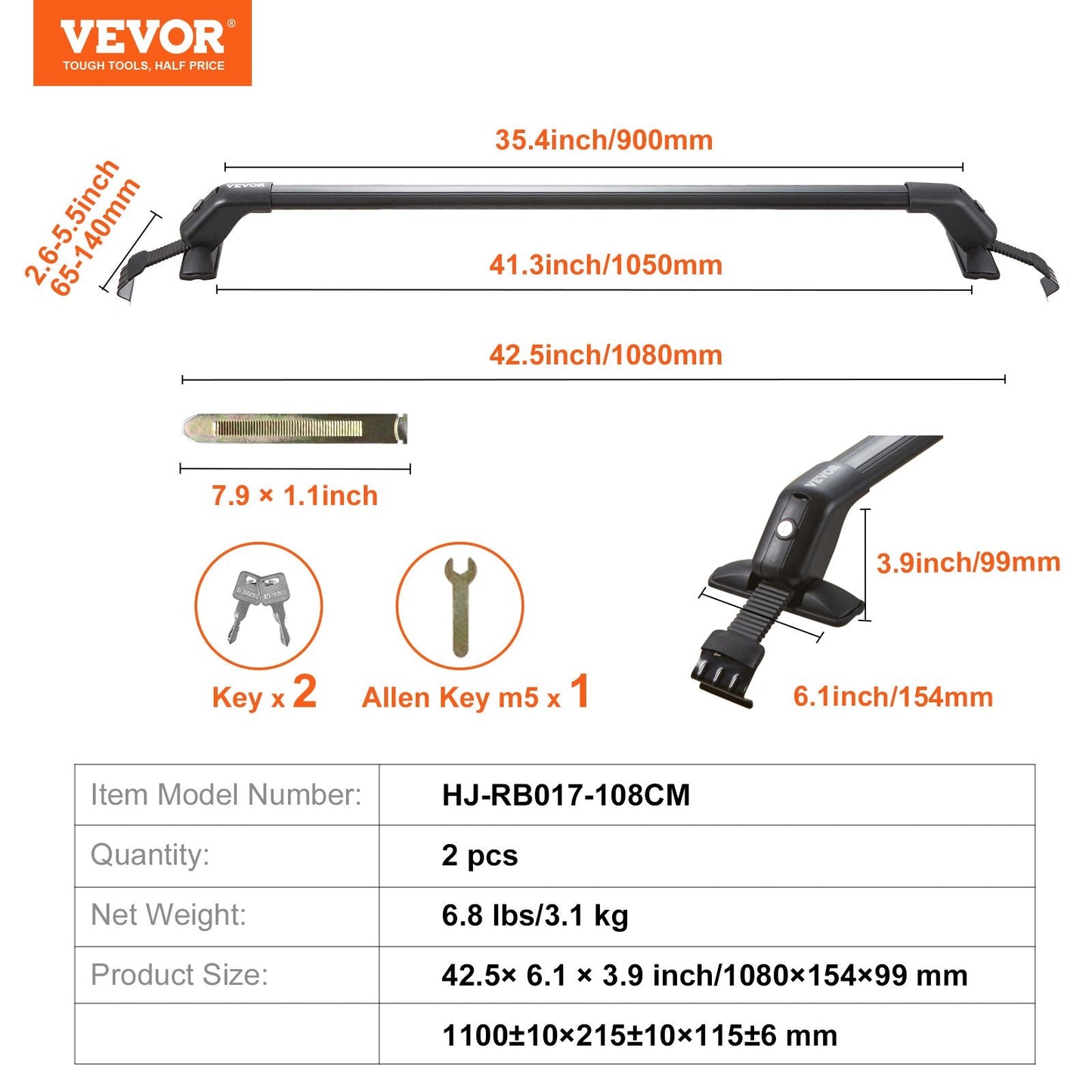 Aluminum Roof Rack Crossbar with Lock for Naked Roofs, 70 kg Capacity, 1.08 m