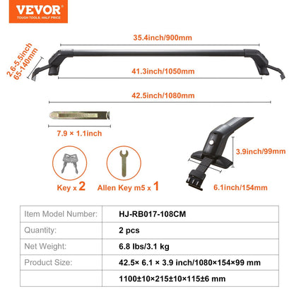 Aluminum Roof Rack Crossbar with Lock for Naked Roofs, 70 kg Capacity, 1.08 m