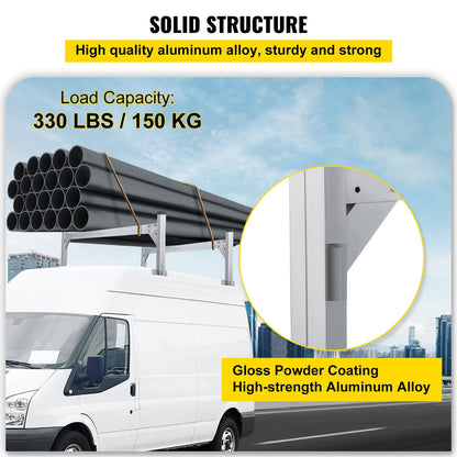 Universal Aluminum Roof Ladder Rack, 190-256 cm Adjustable, 150 kg Capacity