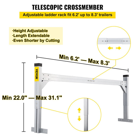 Universal Aluminum Roof Ladder Rack, 190-256 cm Adjustable, 150 kg Capacity