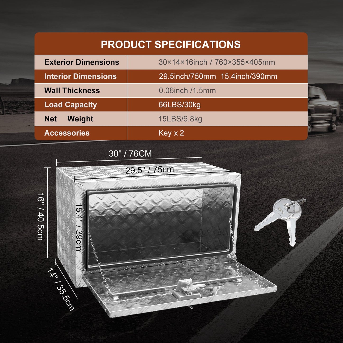VEVOR Underbody Truck Box, 30"×14"×16" Pickup Storage Box, Heavy Duty Aluminum Diamond