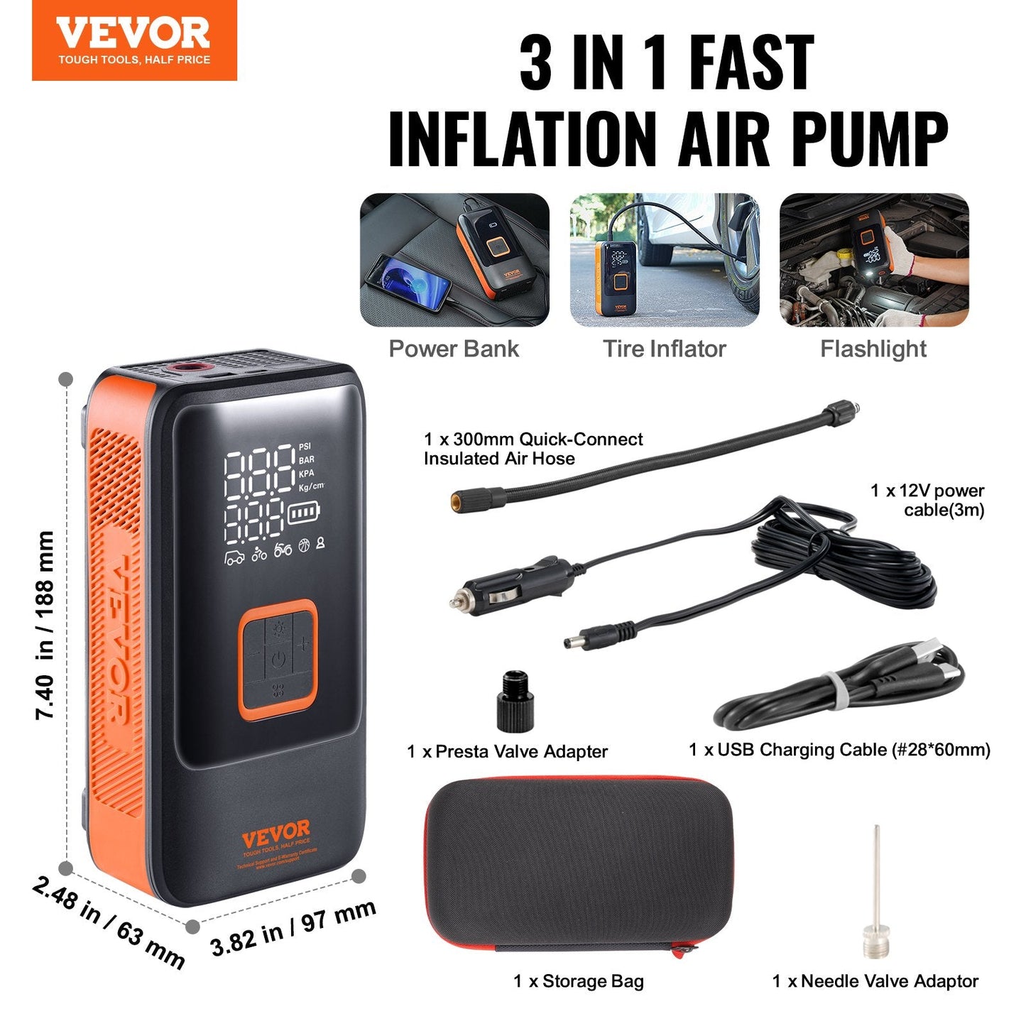 Portable Dual-Cylinder Air Compressor, 12000mAh, 30s Fast Inflation, LCD Gauge