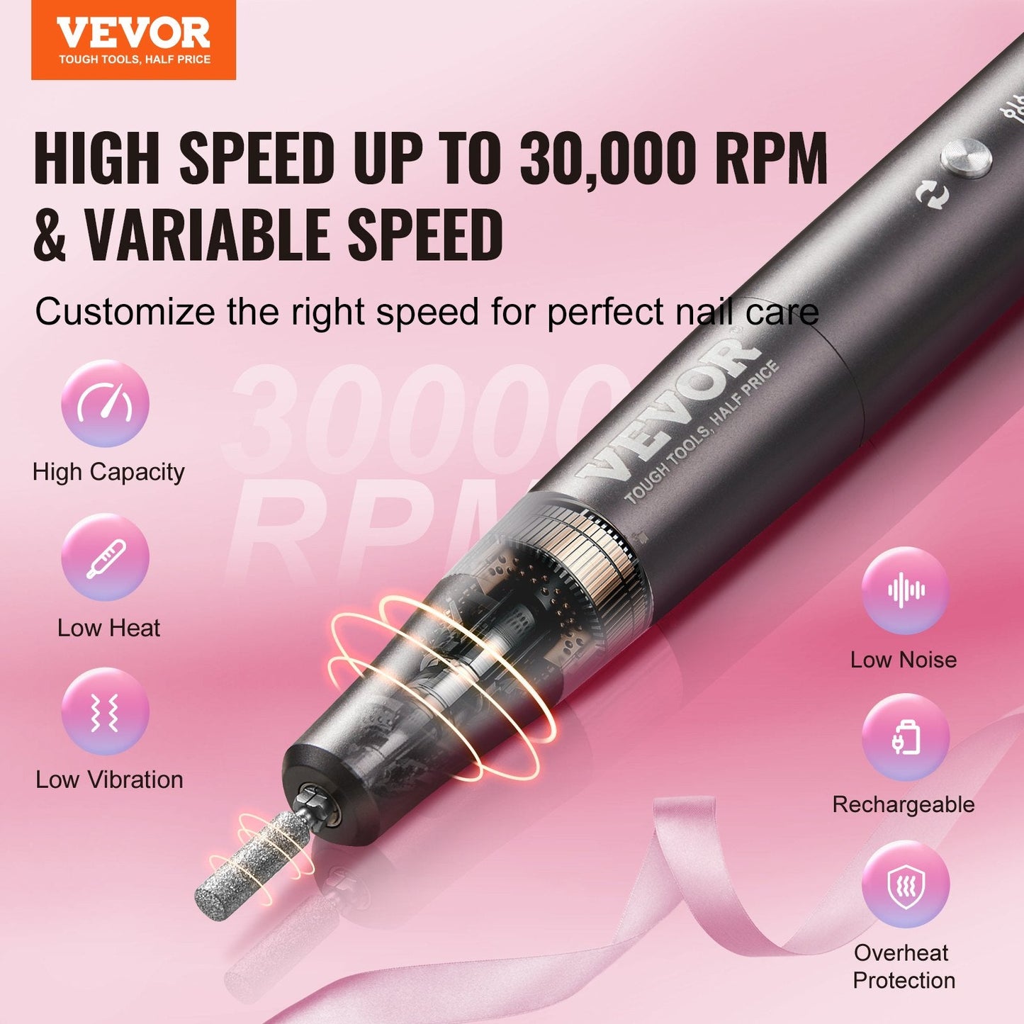 Electric Cordless Nail Drill, 30,000RPM, Rechargeable, Portable, 0.15 kg, Black
