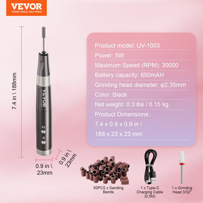 VEVOR Electric Cordless Nail Drill, 30,000RPM Variable-Speed Rechargeable Nail E