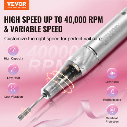 Cordless 40,000 RPM Nail Drill with LCD & Long Battery Life, White, 0.48 kg
