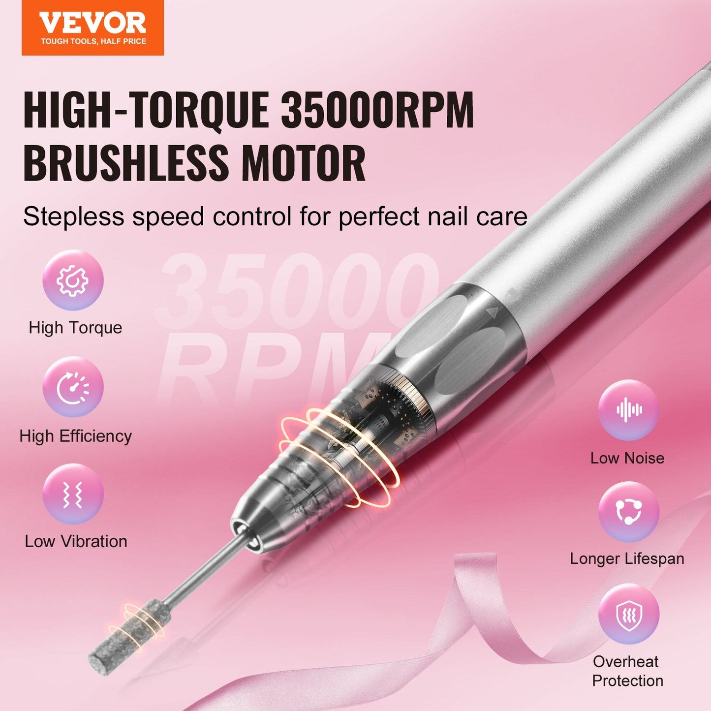 Cordless Electric Nail Drill Machine with 35000 RPM Brushless Motor, Silver