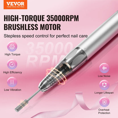 Cordless Electric Nail Drill Machine with 35000 RPM Brushless Motor, Silver
