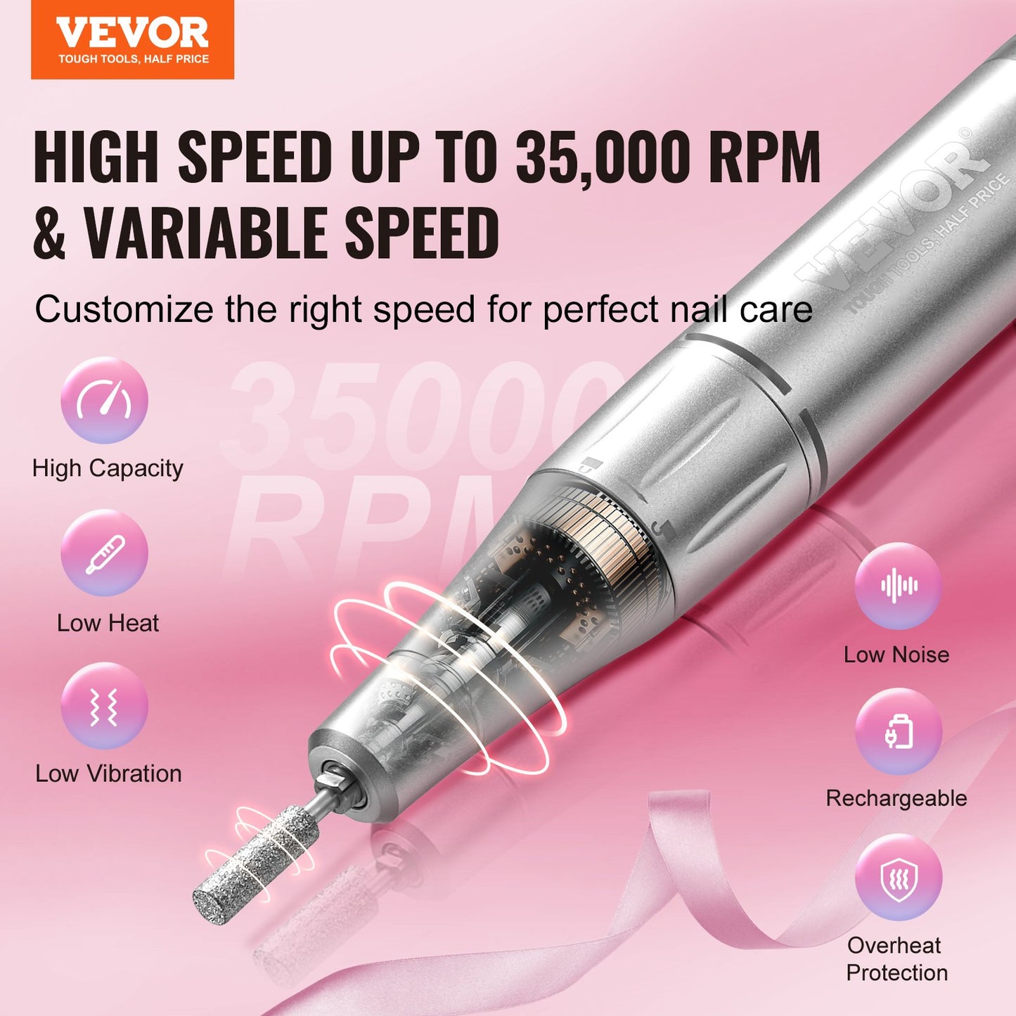 VEVOR Electric Rechargeable Nail Drill, 35,000RPM Portable Cordless Nail E File
