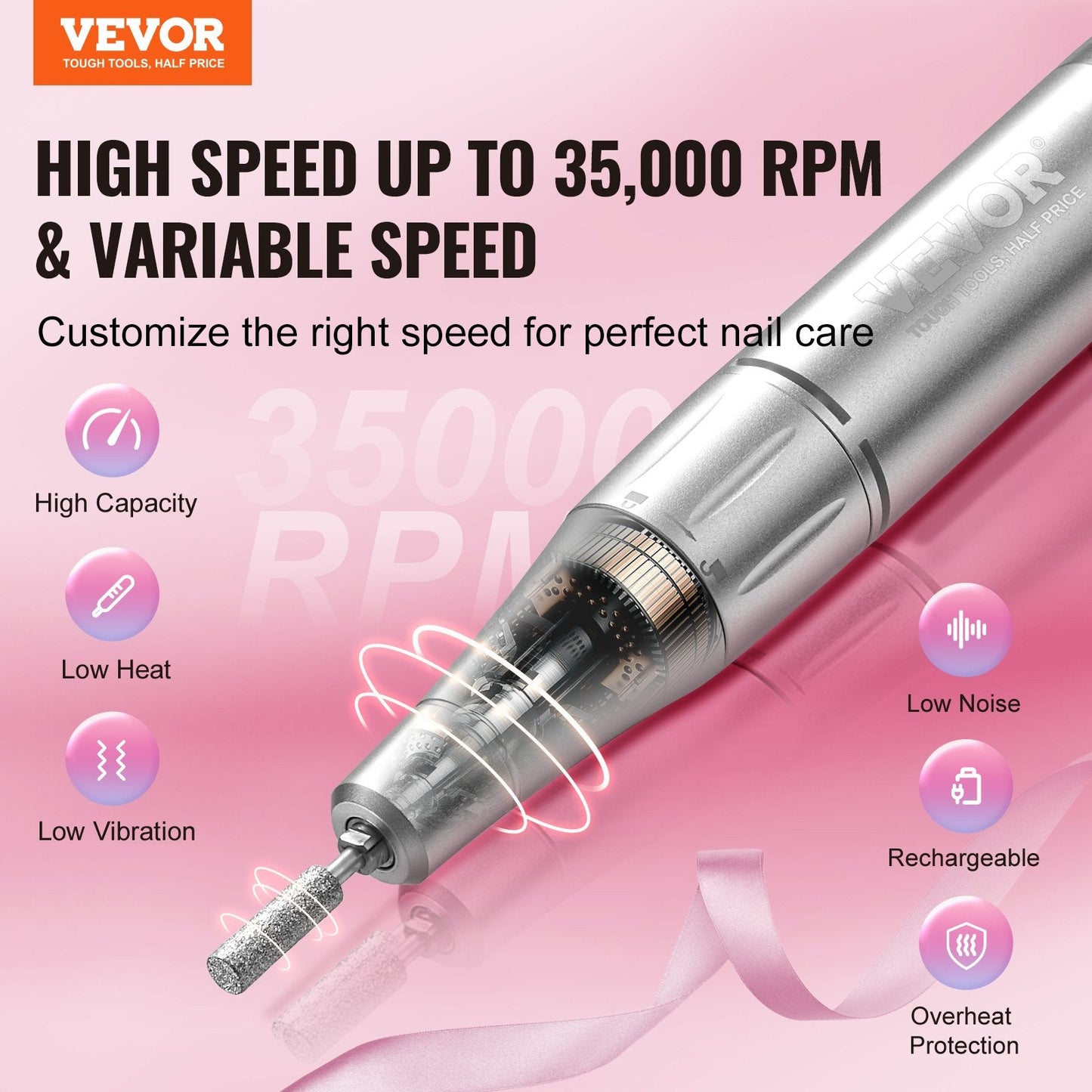 Portable Cordless Nail Drill, 35,000 RPM, LED Display, 0.39 kg, 0.13 m