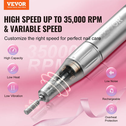 Portable Cordless Nail Drill, 35,000 RPM, LED Display, 0.39 kg, 0.13 m