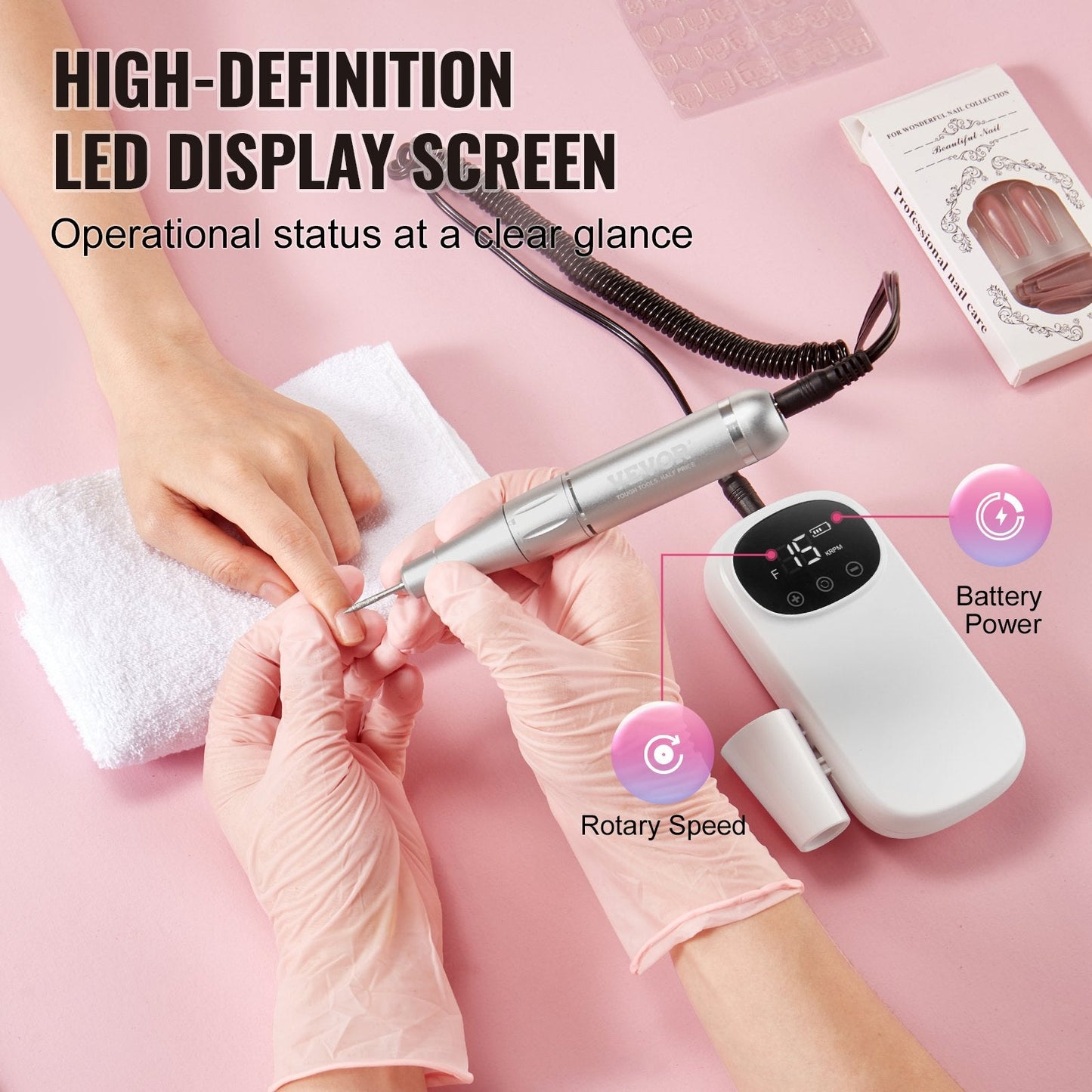 Portable Cordless Nail Drill, 35,000 RPM, LED Display, 0.39 kg, 0.13 m