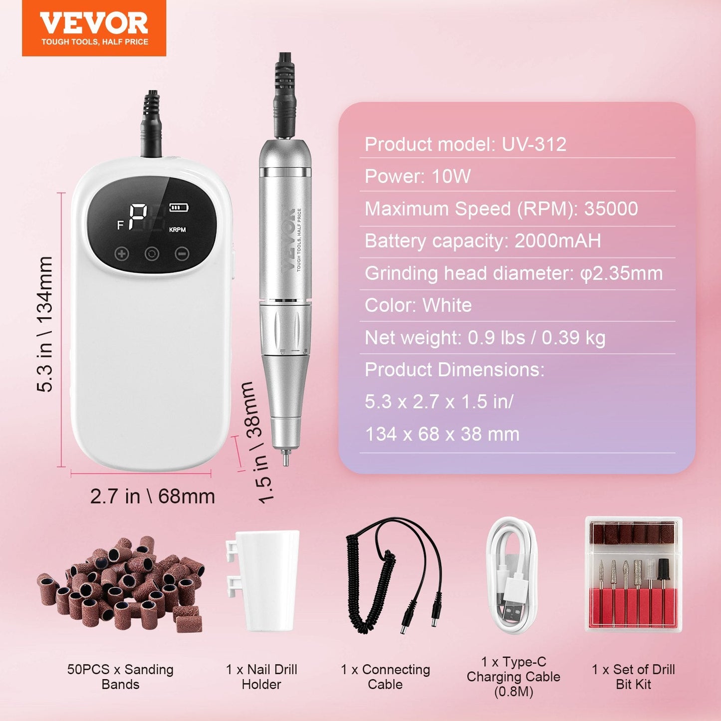 Portable Cordless Nail Drill, 35,000 RPM, LED Display, 0.39 kg, 0.13 m