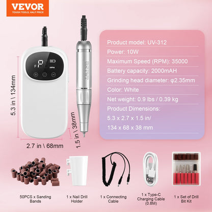 Portable Cordless Nail Drill, 35,000 RPM, LED Display, 0.39 kg, 0.13 m