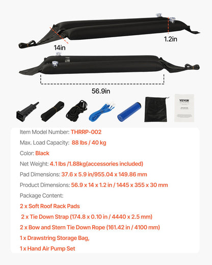 Inflatable Soft Roof Rack Bars, 37.6-Inch Universal Car Roof Rack Pads, 88LBS Loading Luggage Kayak Carrier with 2 Tie-Down Straps & Ropes, Hand Air Pump, Storage Bag for Canoes Surfboards SUPs