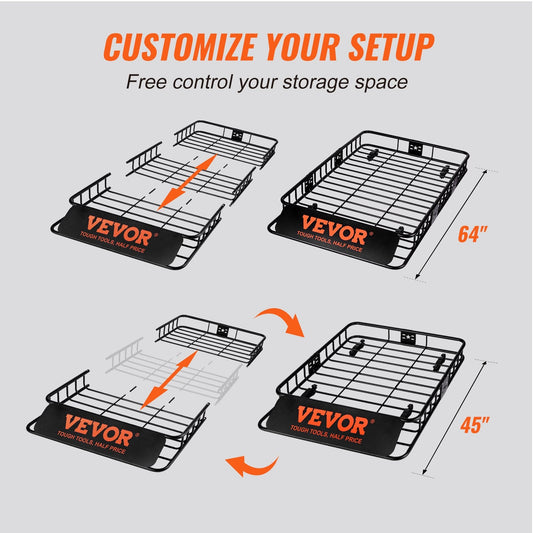 Universal Roof Rack Cargo Basket, 90.7 kg Capacity, 1.63x0.99x0.15 m for SUVs