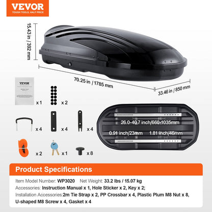 Rooftop Cargo Box 340L for SUVs & Cars, 1.78m, Dual Side Access, 75kg Capacity