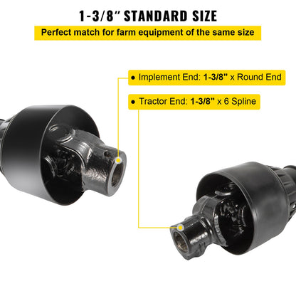 PTO Shaft, 1-3/8” PTO Drive Shaft, 6 Spline End Round End PTO Driveline Shaft, Series 4 Tractor PTO Shaft, 1-1.4 m Brush Hog PTO Shaft, Black PTO Shaft for Bush Hog/Finish Mower/Rotary Cutter