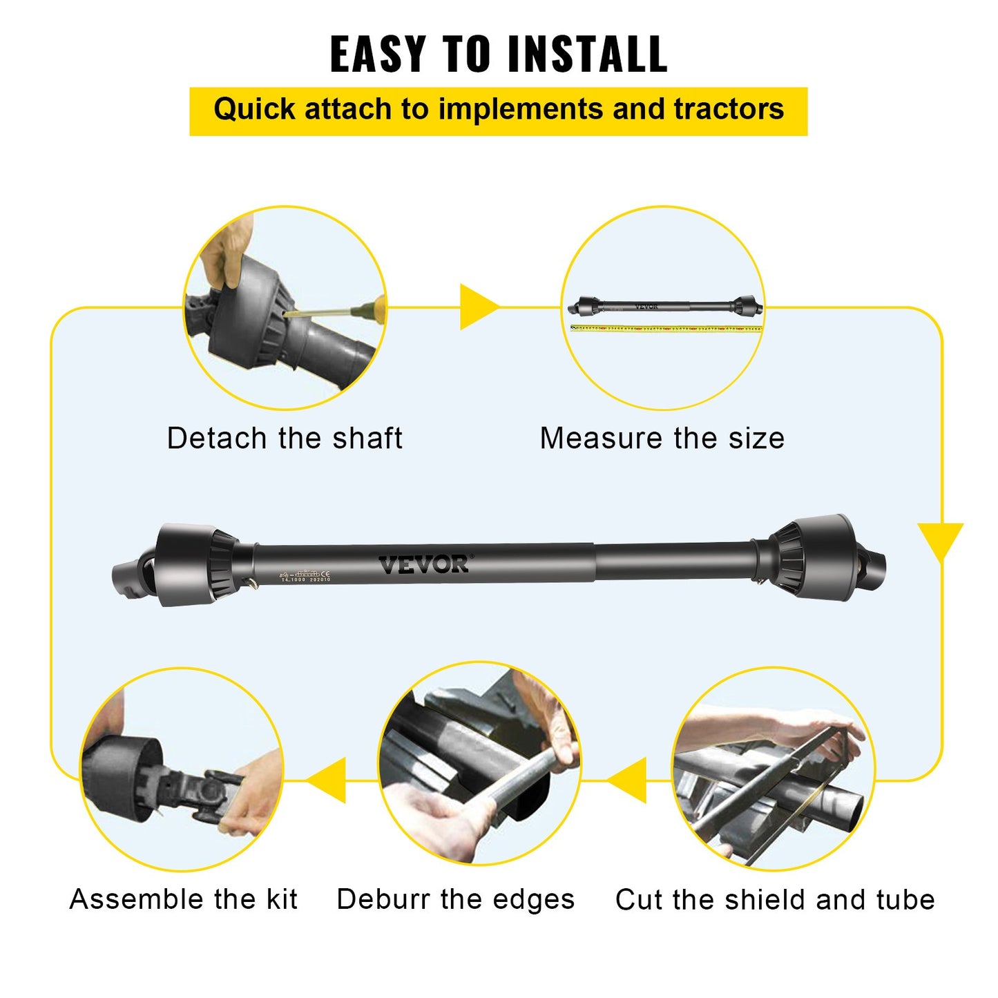 PTO Shaft, 1-3/8” PTO Drive Shaft, 6 Spline End Round End PTO Driveline Shaft, Series 4 Tractor PTO Shaft, 1-1.4 m Brush Hog PTO Shaft, Black PTO Shaft for Bush Hog/Finish Mower/Rotary Cutter