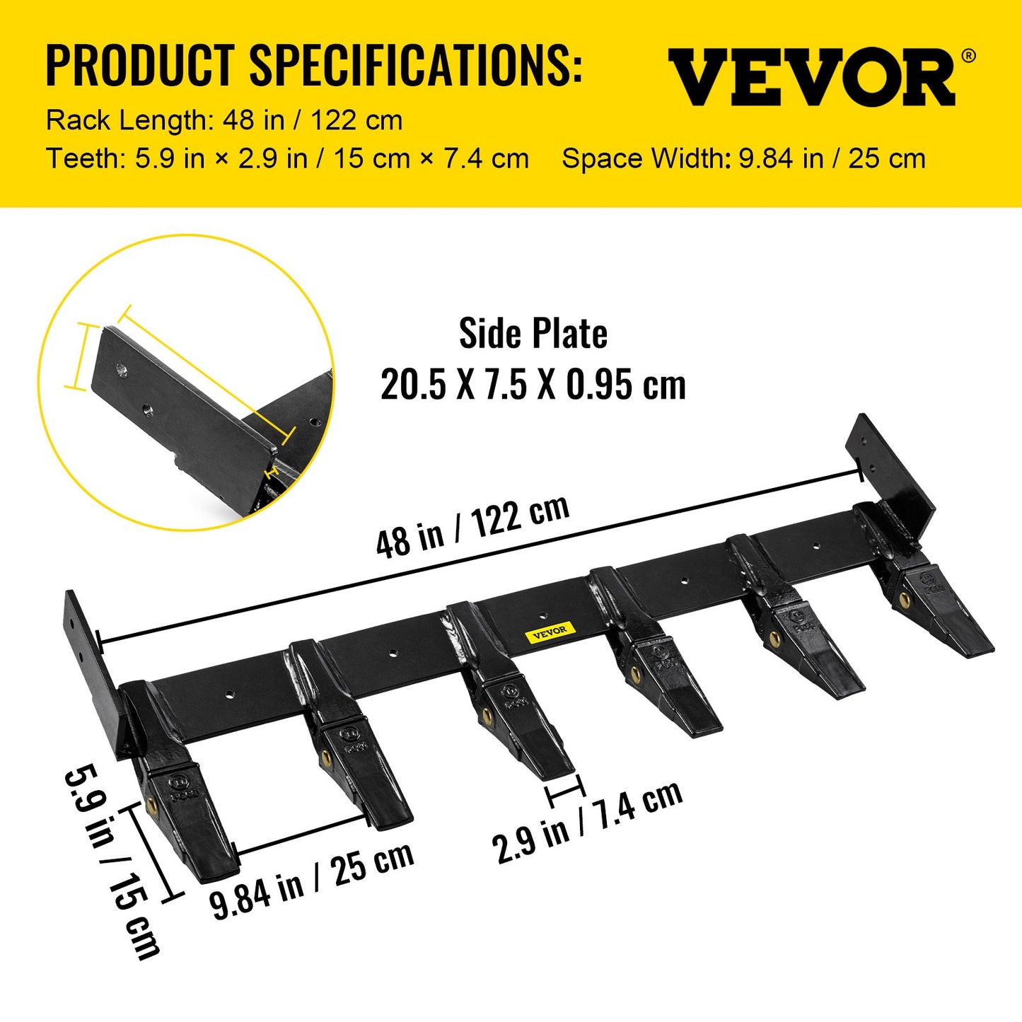 VEVOR Bucket Tooth Bar, 48in Inside Bucket Width Tractor Bucket Teeth, 9.84in Teeth
