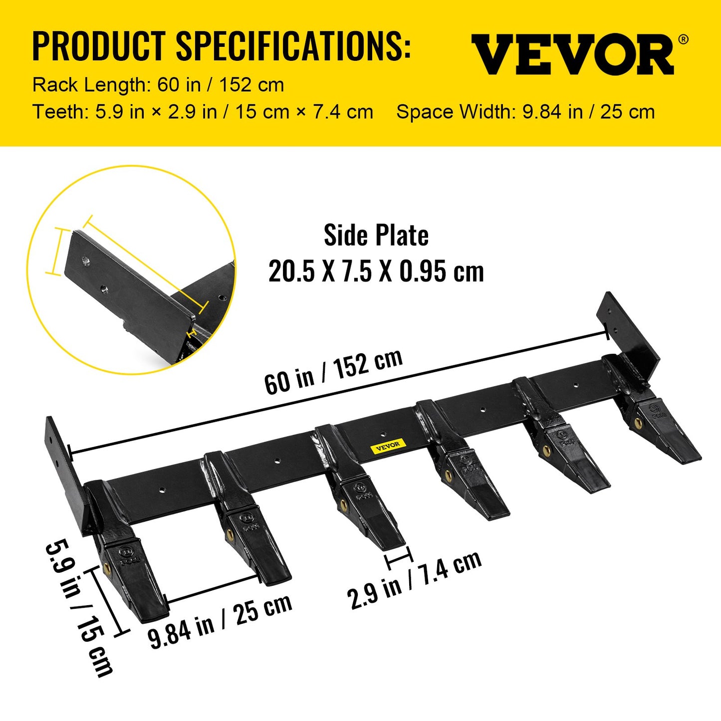 VEVOR Bucket Tooth Bar 60'' Inside Bucket Width Tractor Bucket Teeth 9.84'' Teeth