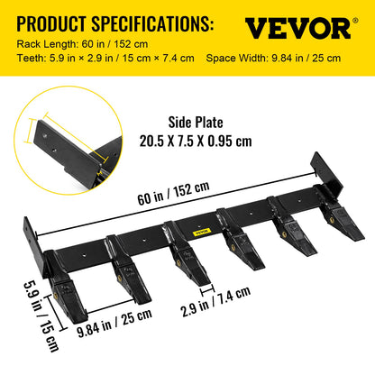 VEVOR Bucket Tooth Bar 60'' Inside Bucket Width Tractor Bucket Teeth 9.84'' Teeth