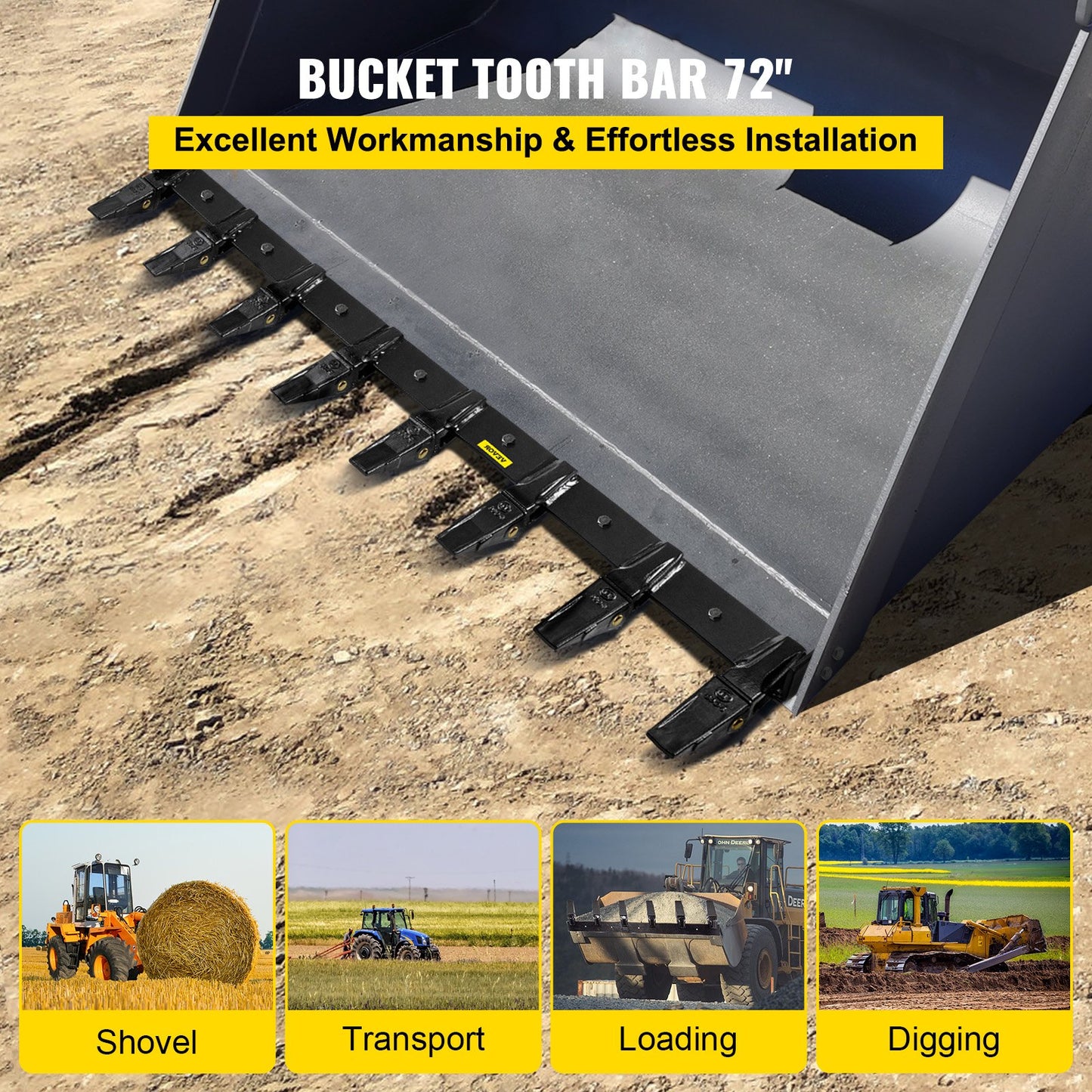 VEVOR Bucket Tooth Bar 72'' Inside Bucket Width Tractor Bucket Teeth 9.84\'\' Teeth