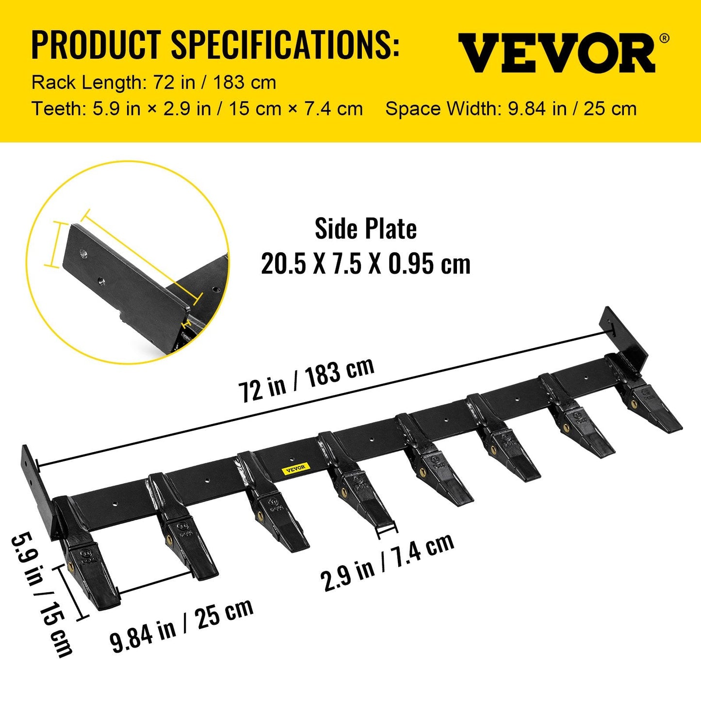 Tractor Bucket Tooth Bar, 1.83 m Length, 8 Teeth, 250 mm Spacing, Alloy Steel