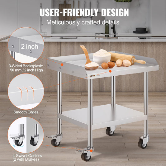Stainless Steel Commercial Prep Table with Wheels, 0.61 x 0.71 x 0.76 m
