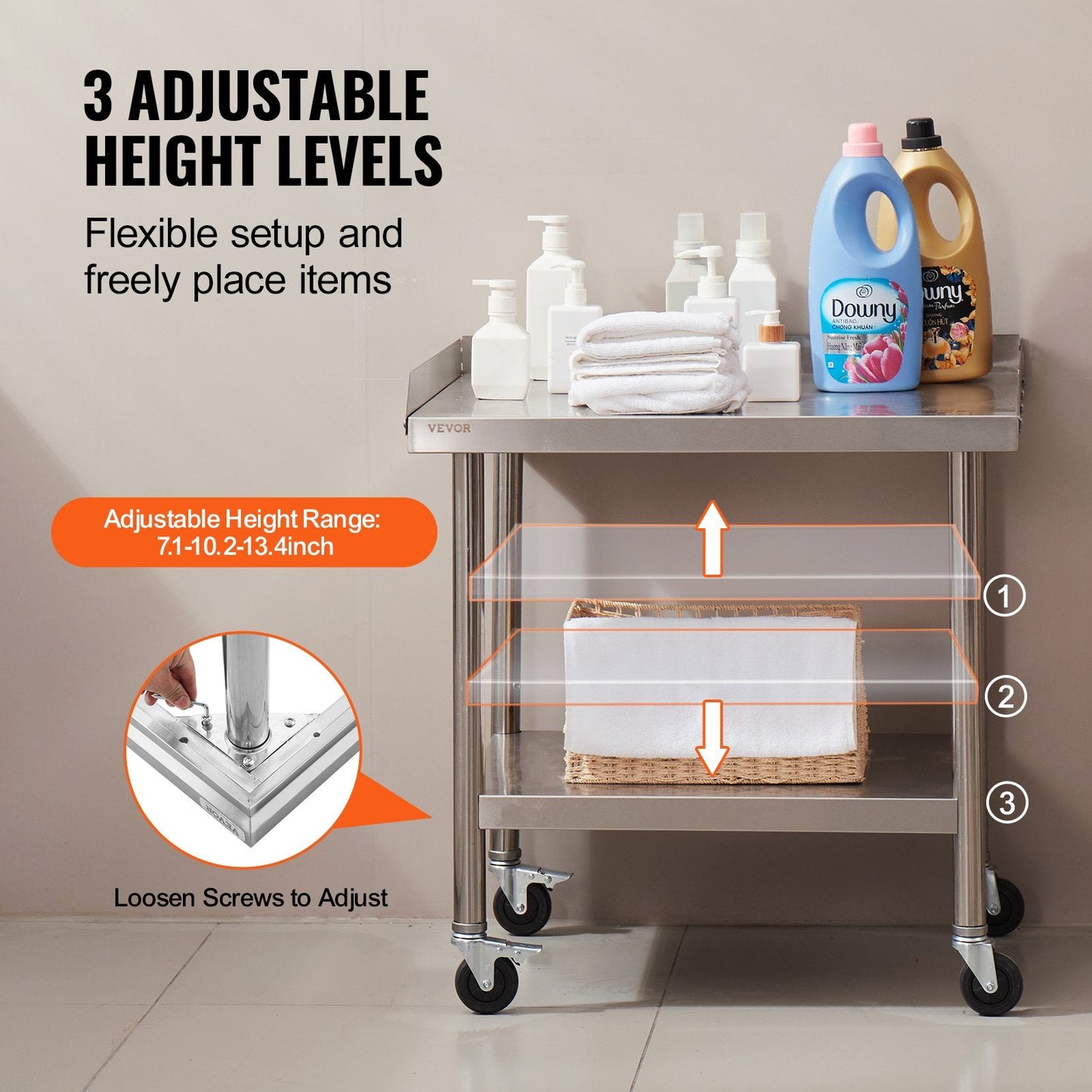 Stainless Steel Commercial Prep Table with Wheels, 0.61 x 0.71 x 0.76 m