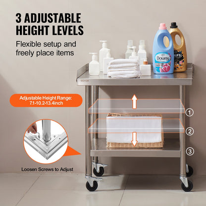 Stainless Steel Commercial Prep Table with Wheels, 0.61 x 0.71 x 0.76 m