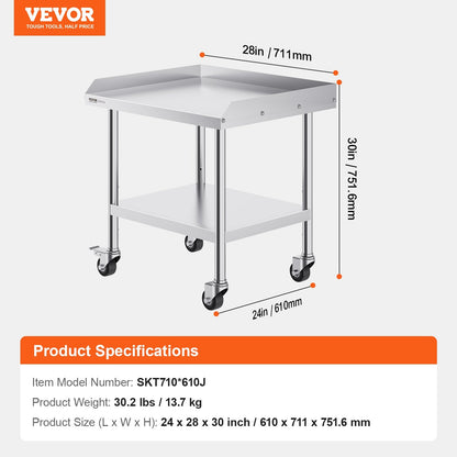 Stainless Steel Commercial Prep Table with Wheels, 0.61 x 0.71 x 0.76 m
