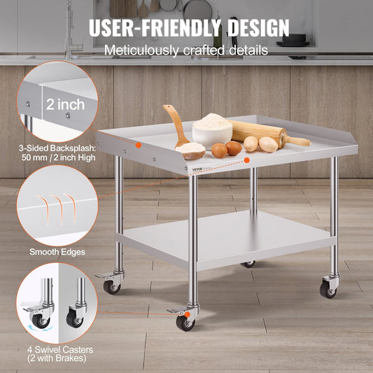 Stainless Steel Commercial Food Prep Table with Wheels, 0.76 x 0.91 x 0.76 m