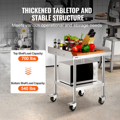 Stainless Steel Food Prep Table with Wheels, 0.6 x 0.6 x 0.76 m, for Kitchen Use
