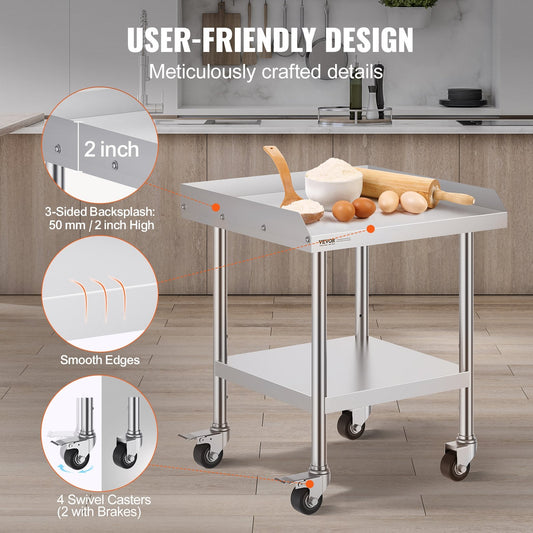 Stainless Steel Food Prep Table with Wheels, 0.6 x 0.6 x 0.76 m, for Kitchen Use